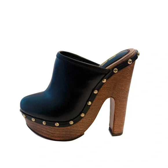 FSJ Black Studded Platform Mules with Wooden Heel NWT - Picture 2 of 10